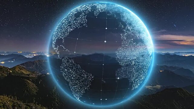 A glowing digital globe floats above a dark mountain range under a starry night sky