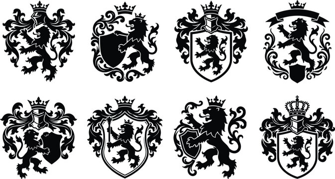 Collection of heraldic coat of arms silhouettes featuring royal lions shields crowns and ornate medieval crest design elements
