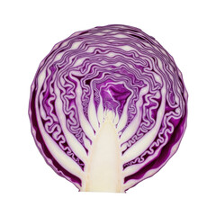 Obraz premium A cross-section of a fresh red cabbage head showing intricate purple and white concentric leaf layers, isolated against a solid black background