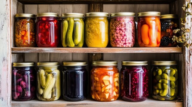 Assortment of vibrant fermented vegetables and preserves in glass jars on wooden shelves