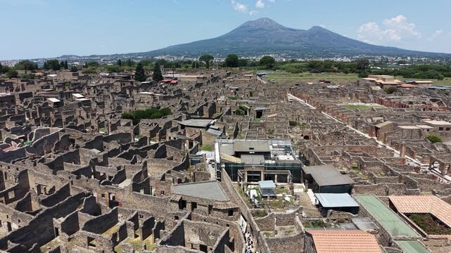 aerial view of Historic streets of Ancient  roman city of Pompeii Italy on the shadow of Mt Vesuvius