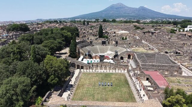 aerial view of Historic streets of Ancient  roman city of Pompeii Italy on the shadow of Mt Vesuvius