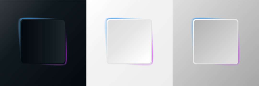 Set realistic squere frames with neon shadows. Elegant vector realistic borders for UI, posters. Shiny luxury frame. Banner shadow effects.