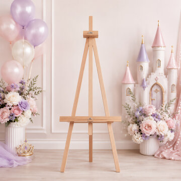 Wooden easel with princess castle and pastel balloons decoration for birthday party mockup