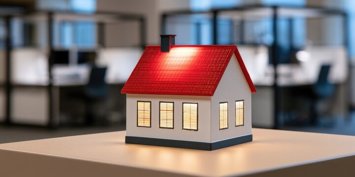 Miniature illuminated house with red roof sits on desk in office