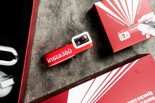 Bangkok, Thailand - July 11, 2026 : Insta360 GO 3S Retro Bundle Action Camera (Classic Red, 128GB).
