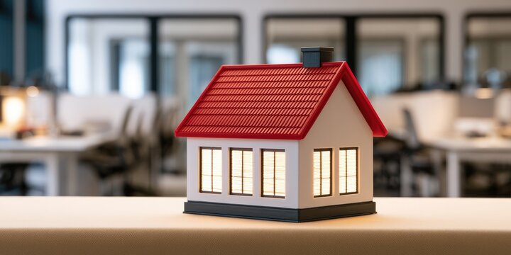 Small, lit house model rests on a desk in a blurry office