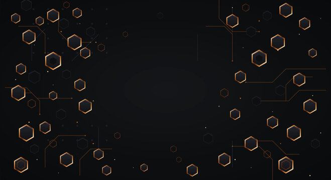 Tech hardware abstract matrix grid background backdrop layout featuring dark hexagon blocks highlighted with glowing orange circuit lines vector pattern