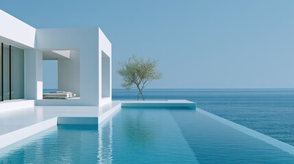 Fototapeta premium Modern minimalist villa with infinity pool overlooking a serene blue ocean