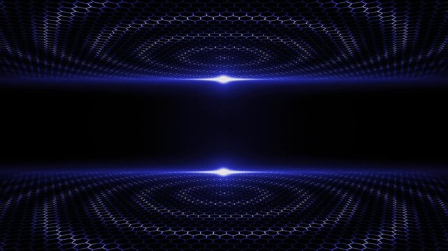 Abstract deep cyber horizon with dual glowing blue neon dots lines.