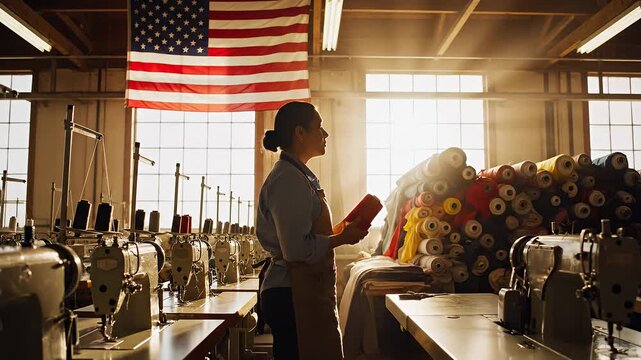Proud American female textile worker in garment factory on Labor Day