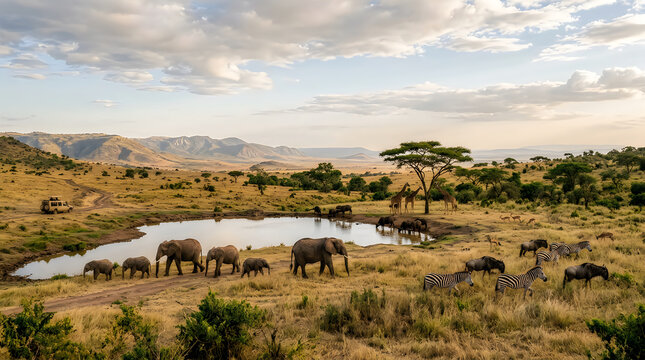 Elephants and zebras at a water hole in the african savanna