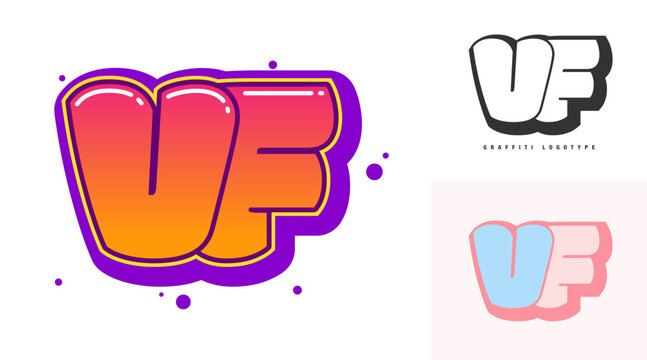VF logo design for festival or party. Initial letter v and f in graffiti style. Creative modern lettering company name of font typography. Kids trendy logotype or identity.