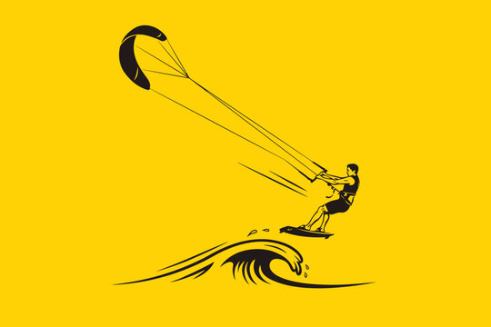 Professional vector silhouette of a kitesurfer executing a precise maneuver on a wave, set against a vibrant yellow background for maximum visual impact