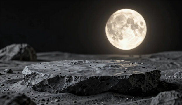 Flat circular lunar rock podium with glowing moon light background, mystical night product mockup