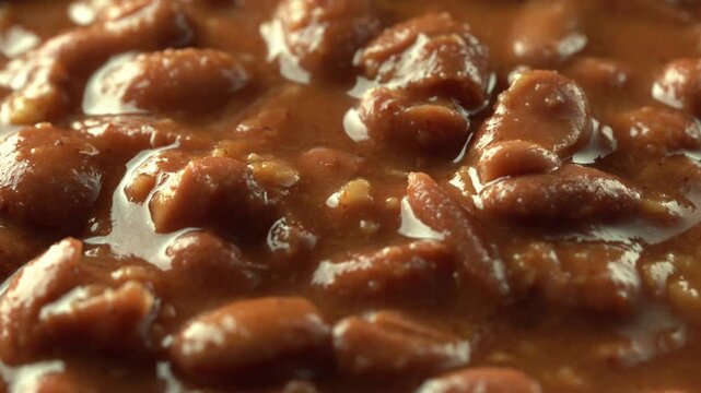 Macro close up of delicious pinto bean stew, a classic cowboy meal. texture of savory baked beans in thick sauce, perfect for food background, culinary rotate video, or restaurant menus.