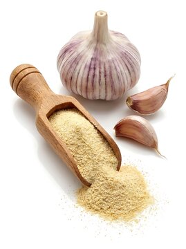 Garlic bulb and cloves with wooden scoop powder