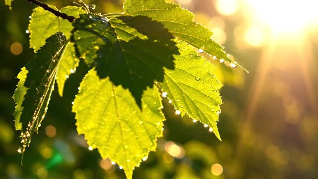 Green leaves with morning dew drops glowing under golden sunlight rays