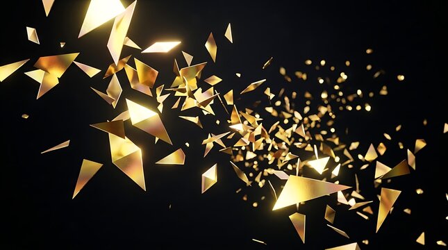 Dazzling golden geometric shards exploding in 3D space. Sparkling metallic fragments forming a dynamic abstract burst. Futuristic digital art for t...