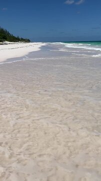 Harbour Island Bahamas Waves Splashing on the Shore. Beach Shoreline. No People Beautiful Sunny Day in Paradise White Sand. (Vertical Video)