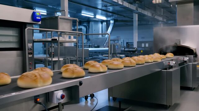 Freshly baked bread rolls moving along stainless conveyor from industrial oven inside modern bakery production facility with visible steam, golden crusts, clean machinery, and bright processing area