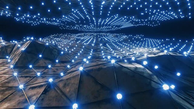 3D low poly mesh structure with glowing blue nodes on a metallic dark terrain.