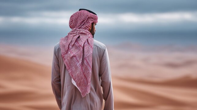 Man in traditional Arab attire gazing at the desert landscape under a cloudy sky