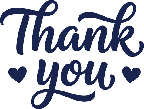 Thank you calligraphy text with heart symbols on minimal white background, lettering