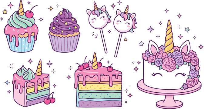 Cute Unicorn Cake and Cupcake Collection with Cake Pops and Rainbow Slice, Magical Kawaii Dessert Vector Illustration Set