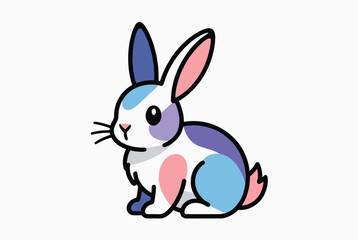 Fototapeta premium Adorable cartoon rabbit decorated with colorful pink, blue and purple patches sitting on a plain white background.