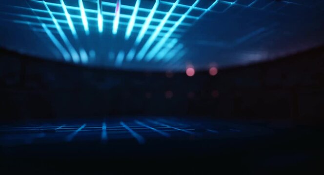 Abstract cyber room concept with glowing blue lines grid ceiling and reflections.
