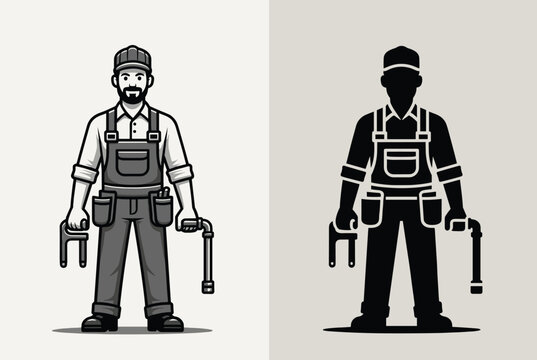 Friendly professional plumber holding a pipe wrench and tools next to his solid black silhouette in a clean cartoon vector style.