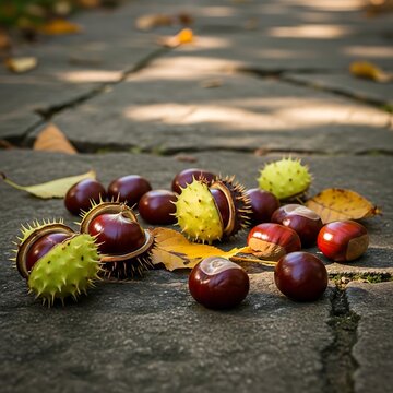 Glossy Horse Chestnut Seeds Scattered on Sunlit Stone Path