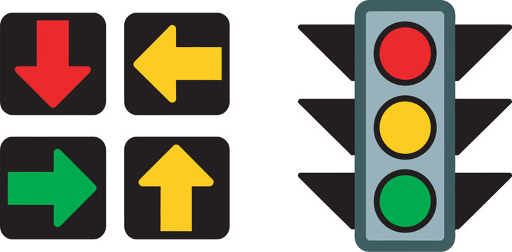 Traffic signal icon collection with red, yellow, and green lights representing road safety, driving regulations, and vehicle guidance symbols for transportation systems, navigation applications, 
