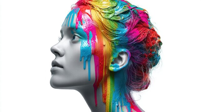 Woman with vibrant rainbow paint dripping down her face against a white background.