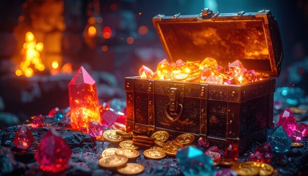 Treasure chest filled with gold coins jewels.