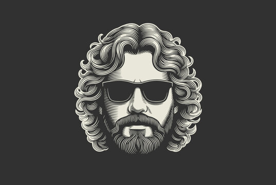 Cool portrait of a handsome man with a full beard, long curly hair, and dark sunglasses over a dark gray background.