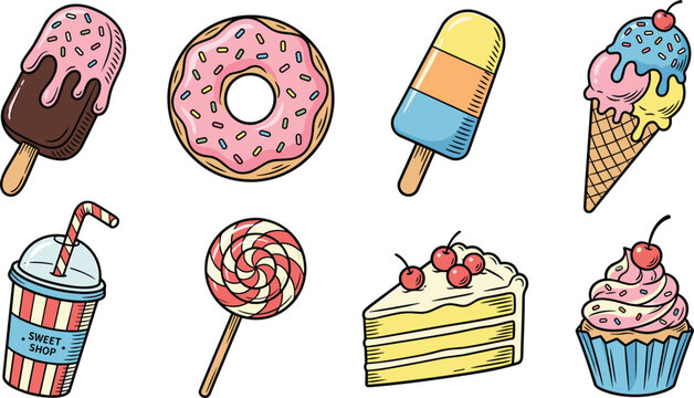 Retro Comic Style Dessert Collection with Popsicle Donut Icecream and Cake, Vintage Sweet Vector Illustration Set