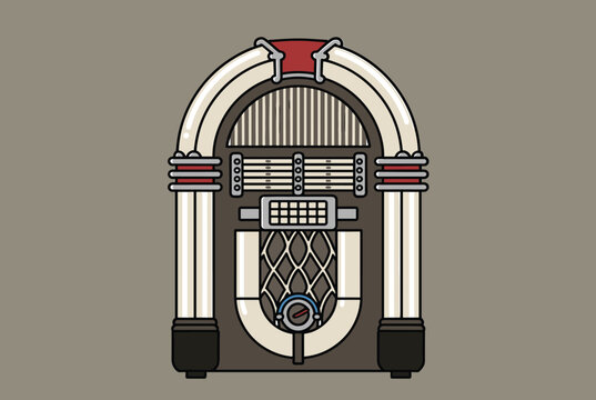 Colorful vector illustration of a retro 1950s style jukebox with neon lighting isolated on a solid background.