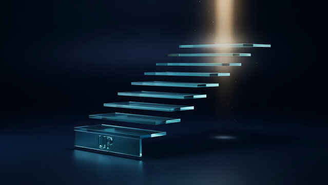Business career growth and success concept with 3D abstract floating glass stairs leading up to a bright spotlight.


