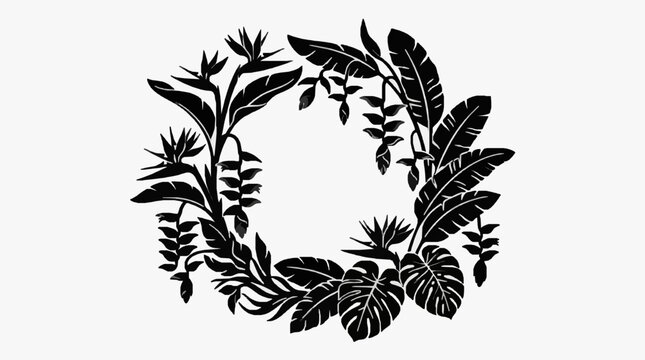 Black and white circular leaf wreath illustration.