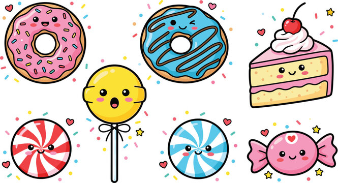 Cute Kawaii Donut and Candy Collection with Cake Slice Lollipop and Peppermint, Sweet Dessert Vector Illustration Set