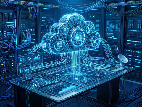 Glowing digital cloud icon connected to a futuristic server network in dark blue space
