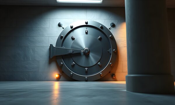 A large circular steel bank vault door is set into a gray stone wall in a dark room.