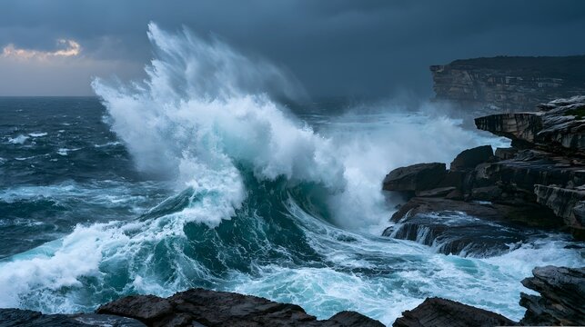 A colossal wave crashes violently against jagged rocks under a stormy sky with dramatic white foam and dark clouds