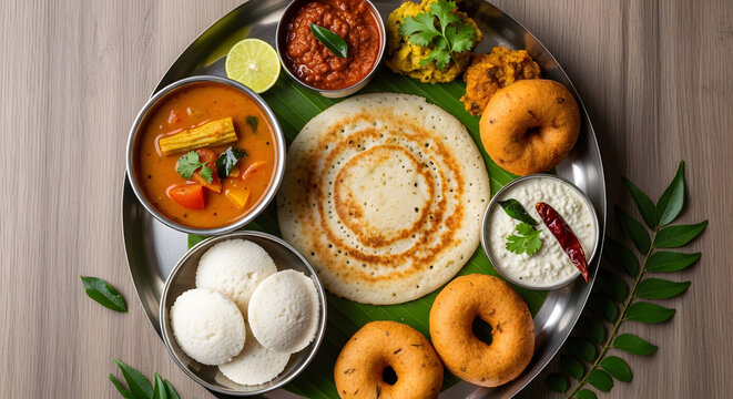 South Indian breakfast platter features dosa, idli, vada, and sambar served on a traditional metal plate.
