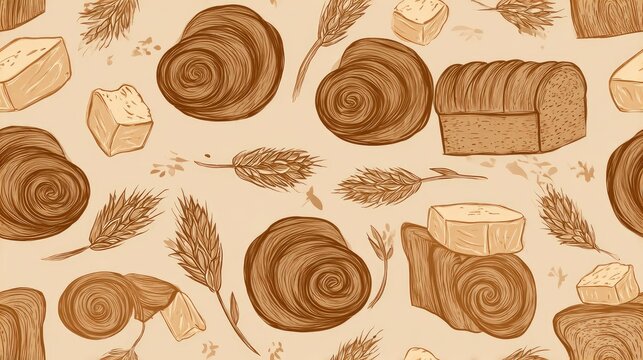 seamless pattern of bread loaves, wheat ears and butter curls, bakery textile design