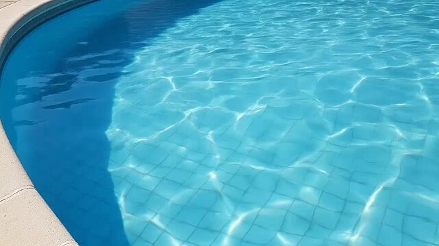 A clear blue swimming pool with rippling water surface and tiled floor