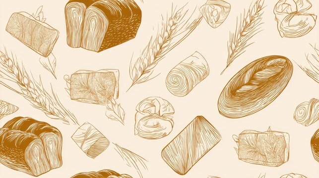 seamless pattern of bread loaves, wheat ears and butter curls