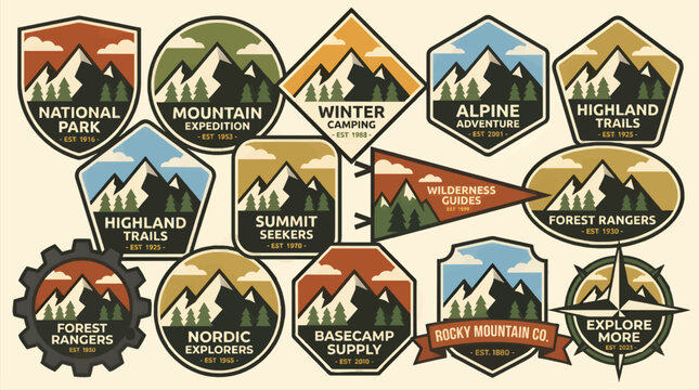 Collection of Flat Style Vector Badges and Emblems Featuring Stylized Mountains, Trees, and Clouds, with Text Labels for Outdoor Activities and Organizations